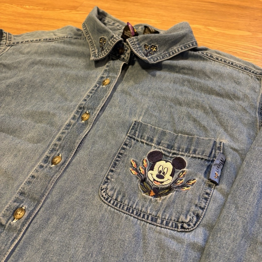 Disney Mickey Unlimited Denim Shirt Women's 22/24W Floral Collar Embroidered 90s